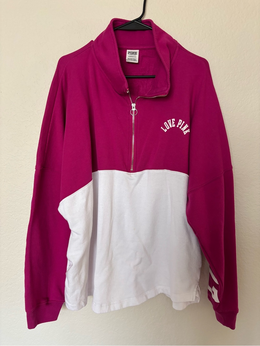 PINK Victoria's Secret Colorblock Half-Zip Pullover - Hot Pink & White